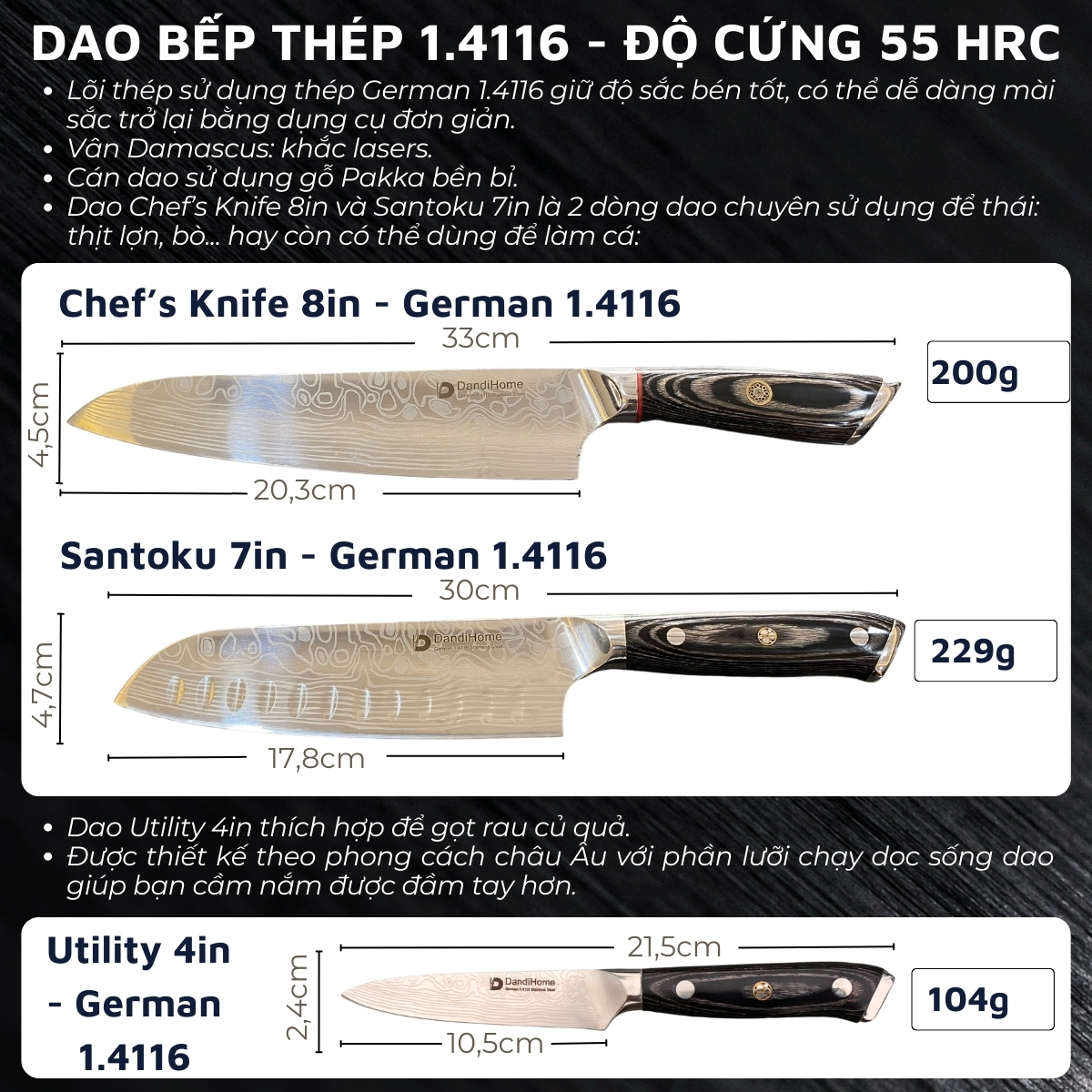 Dao nhà bếp thái đa năng DandiHome thép cao cấp