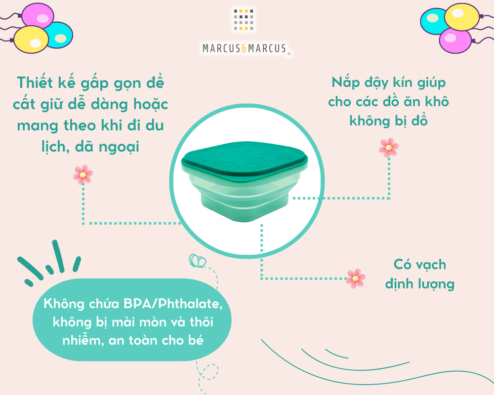 Bát ăn dặm silicon vuông có thể xếp gọn cho bé Marcus & Marcus