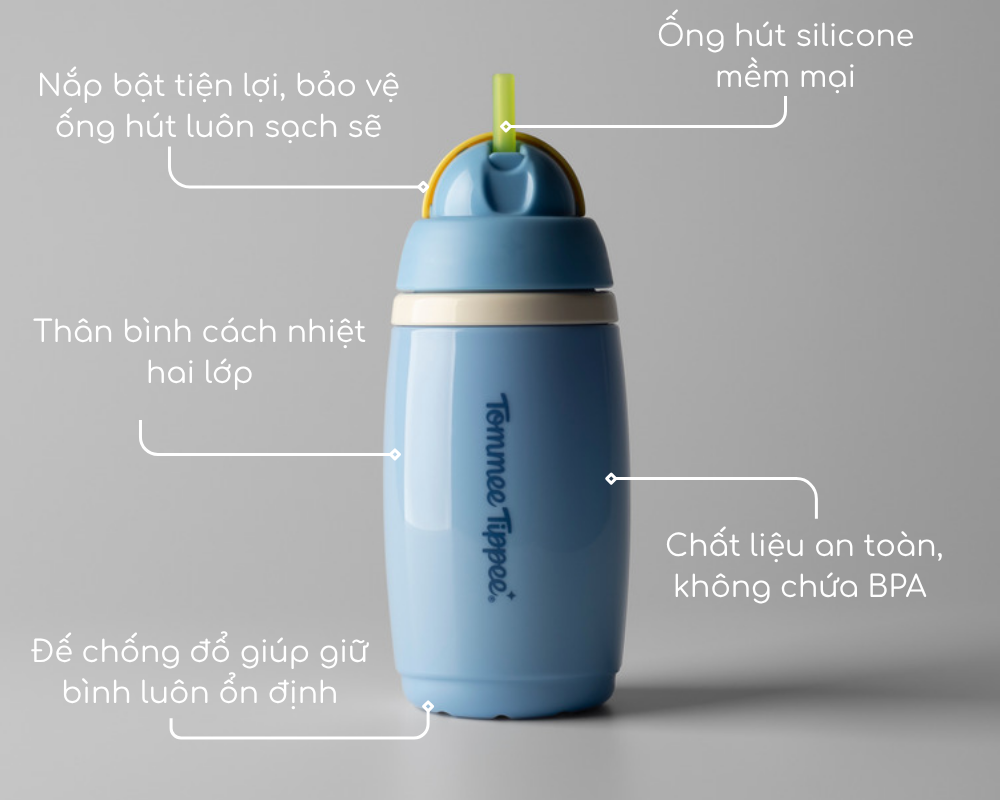 Bình uống nước giữ nhiệt có ống hút chống tràn, chống sặc Tommee Tippee ACTIVE STRAW, 266ml, cho bé từ 12 tháng – Xanh