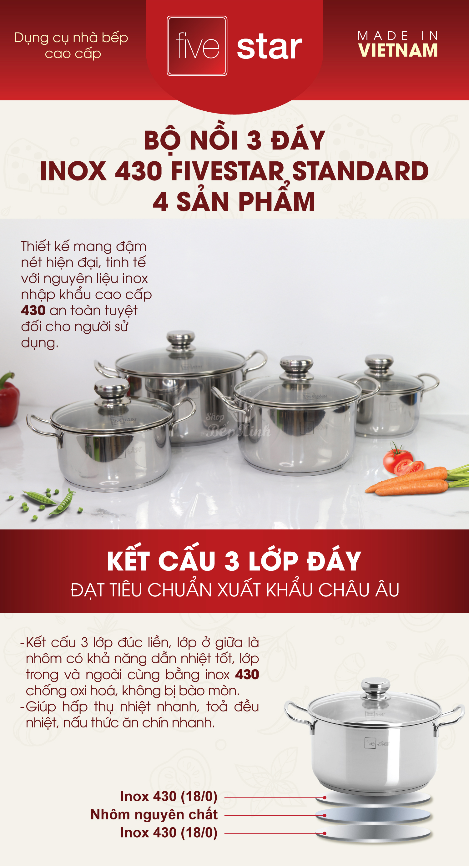 Bộ 4 Nồi Nắp Kiếng 3 Đáy FIVESTAR FS08CG - Hàng Chính Hãng