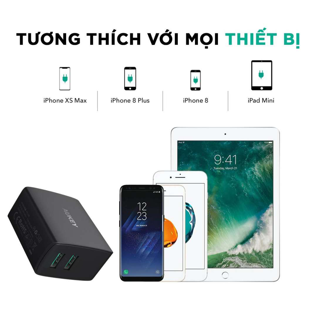 Adapter Sạc 2 Cổng 24W Aukey PA-U42 - Hàng Chính Hãng