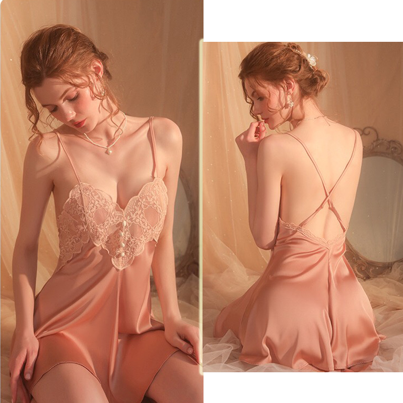 Váy ngủ lụa hai dây chéo lưng phối ren sexy gợi cảm P30 - Đầm ngủ lụa phối ren quyến rũ - Đồ ngủ nữ sexy