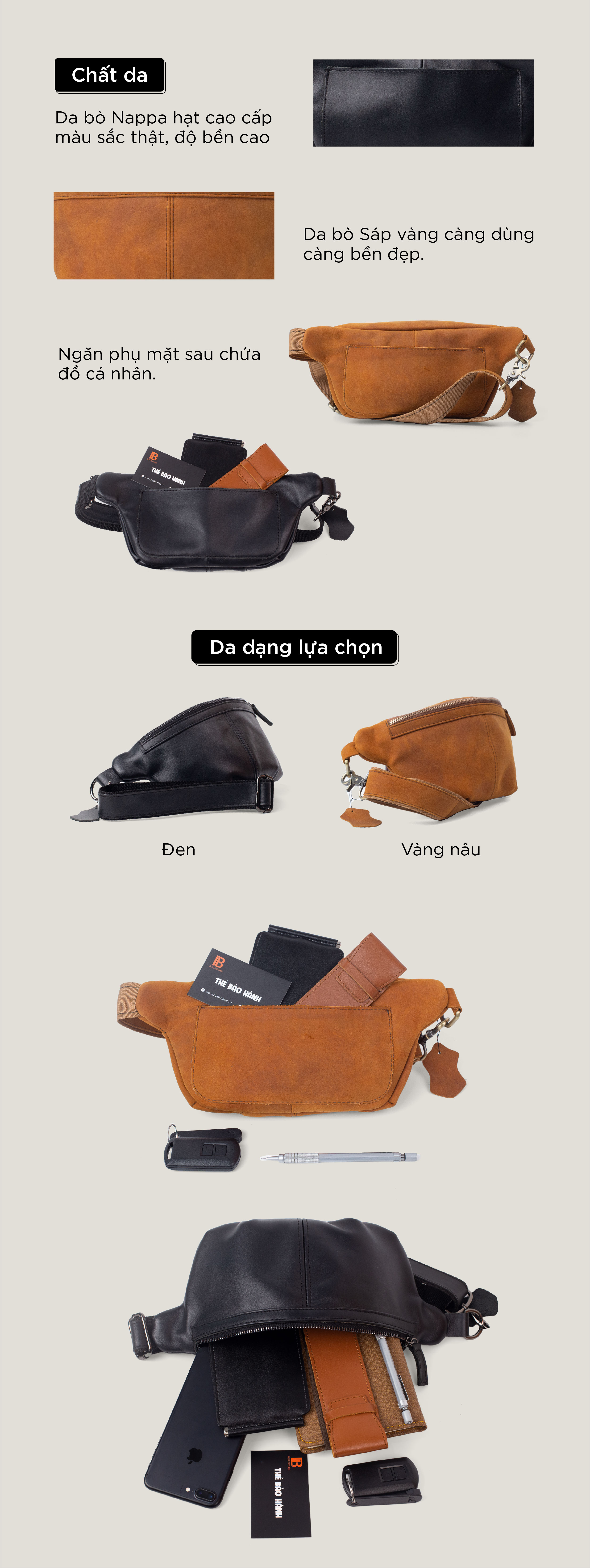 Túi đeo chéo nam, túi bao tử nam Mars Bụi Leather DC109 - Da bò thật cao cấp - Bảo hành 12 tháng