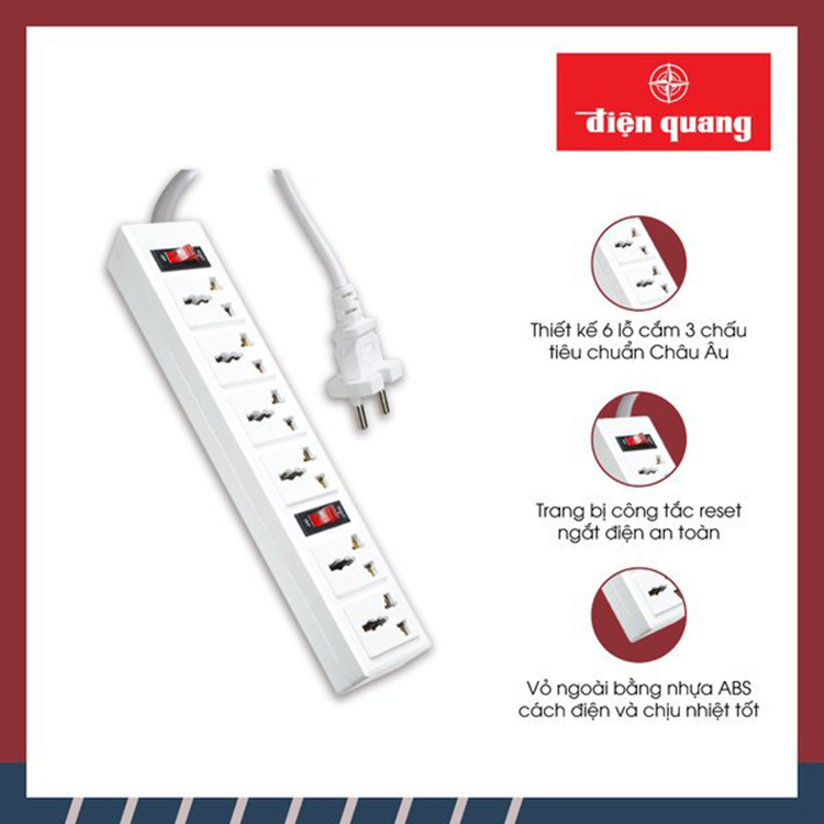 Ổ Cắm 6 Lỗ 3 Chấu Dây 2 Mét Điện Quang ĐQ 003A-04-2M