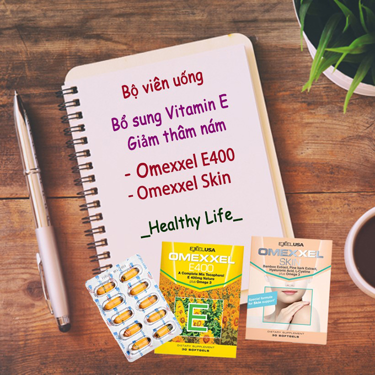 Bộ thực phẩm chức năng viên uống bổ sung Vitamin E, giảm thâm nám Omexxel E400 & Skin 60 viên