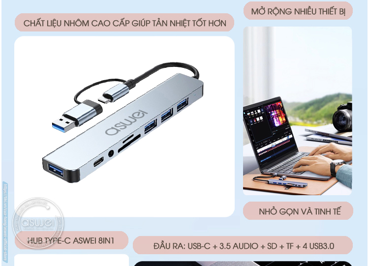 usb hub, hub type c aswei 8in1