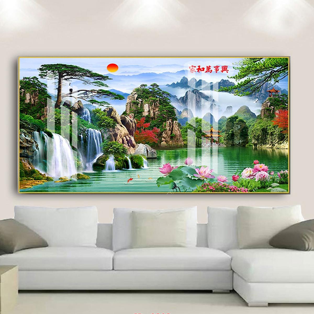 Mua Tranh Tráng Gương Pha Lê Treo Tường Trang Trí - Tranh Bộ 3 Phong Cảnh  Núi Non - 40x80cm - Khung vàng tại tranh3dphongvanphat