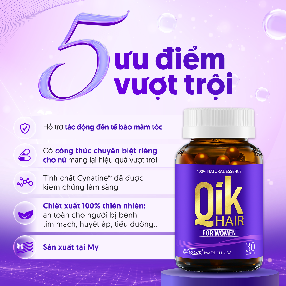 [Hộp 15v] Viên Uống Kích Thích Mọc Tóc Qik Hair For Women Ecogreen Giảm Rụng Tóc Cho Nữ