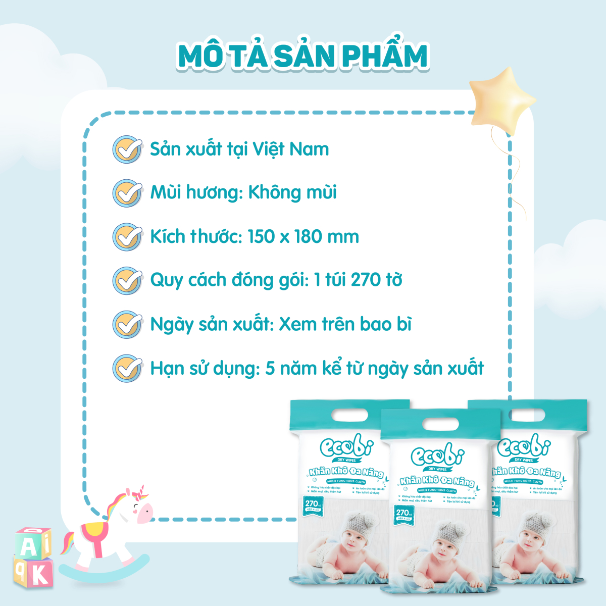 Khăn khô đa năng cao cấp cho bé EcoWipes Ecobi không mùi không paraben an toàn cho da bé