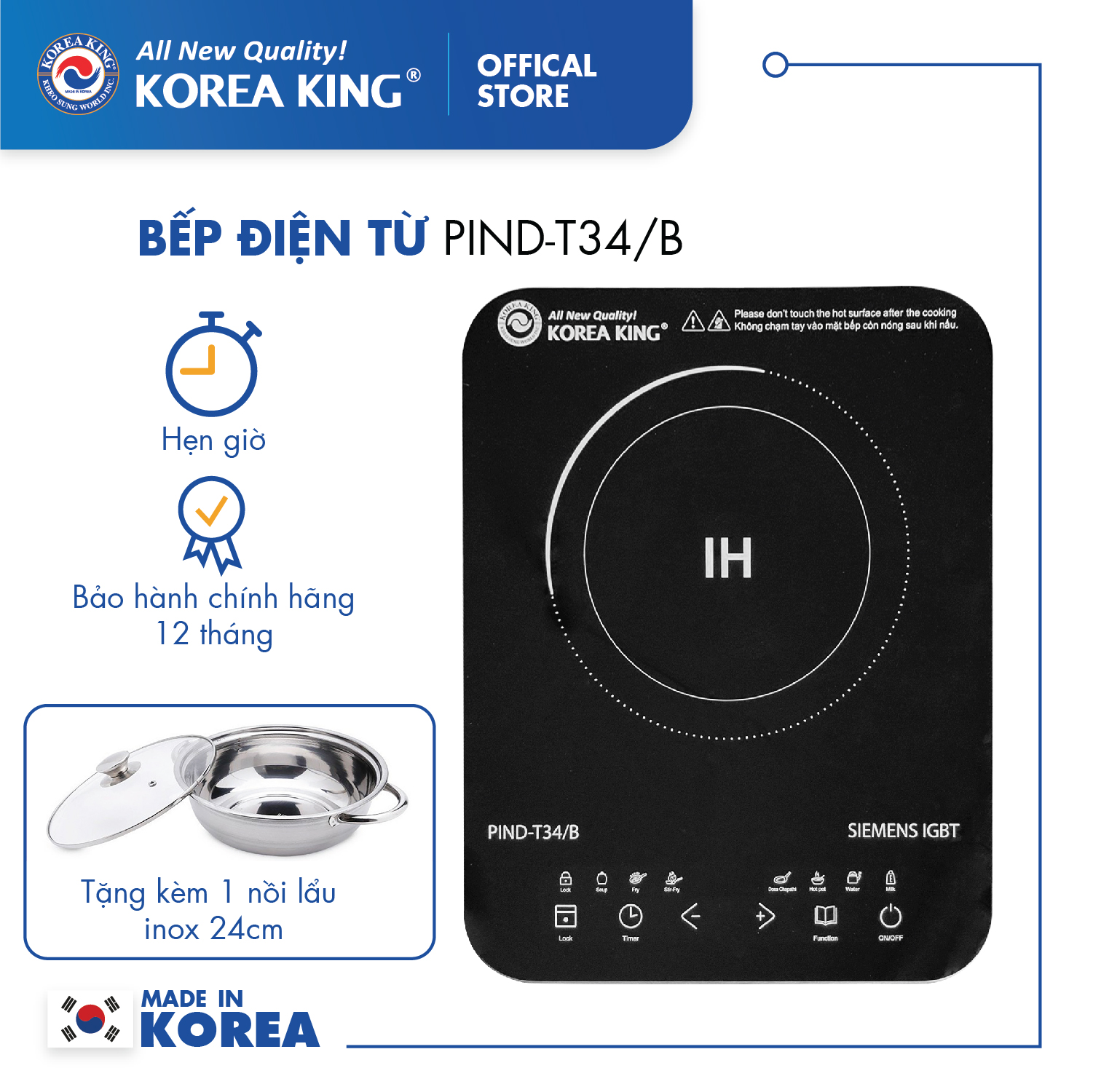 Bếp điện từ Korea King PIND-T34B (bếp đơn, mặt kính cường lực, công suất 1800W ) - Hàng chính hãng