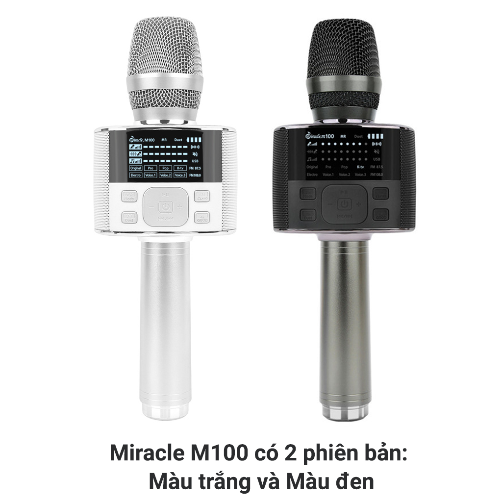 Mic karaoke bluetooth Miracle M100 có 2 màu trắng và đen