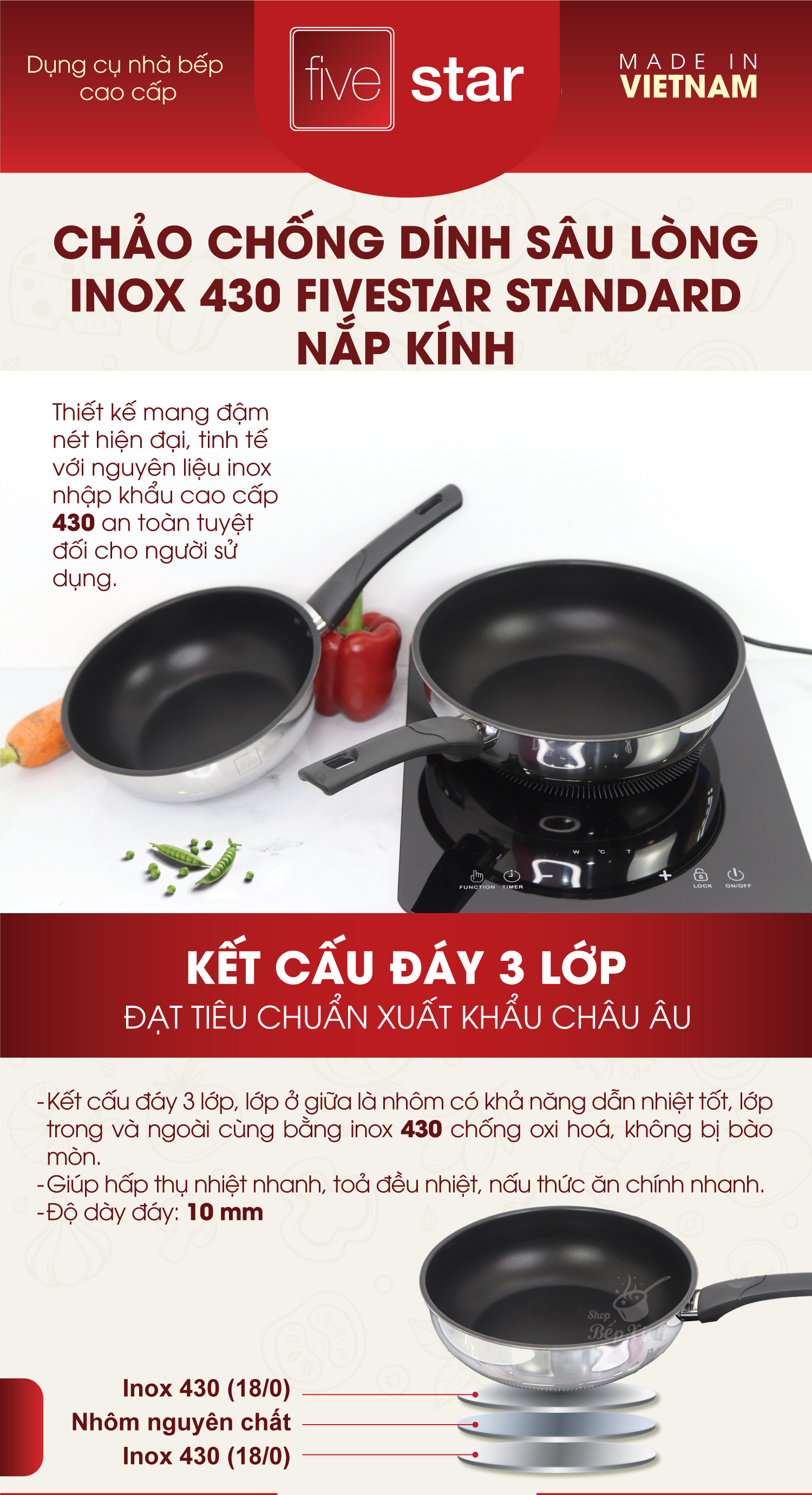 Chảo inox chống dính sâu lòng có nắp kính cao cấp Fivestar 24cm , 26cm  , tặng 1 sạn dừa , tay cầm cách nhiệt