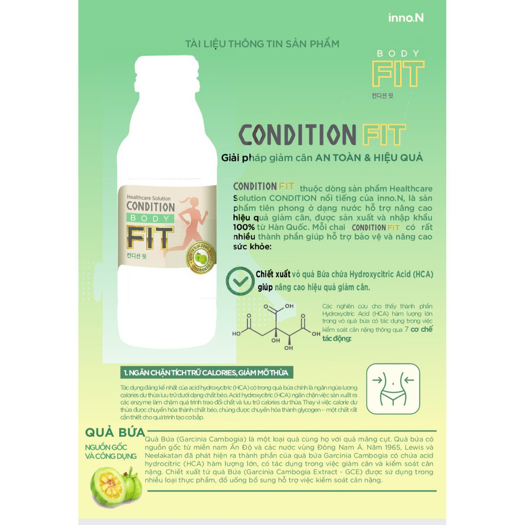 Nước Uống Hỗ Trợ Giảm Cân Hiệu Quả, Tăng Miễn Dịch,  CONDITION Body Fit inno.N, Chống Lão Hóa Da (100ml x 1 chai, 10 chai )