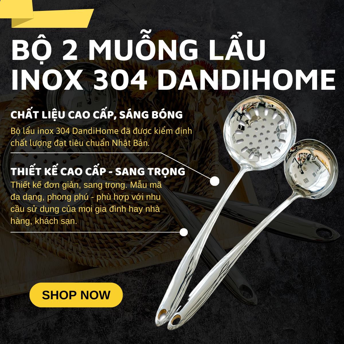Combo các loại muỗng lẩu DandiHome inox cao cấp, sáng bóng