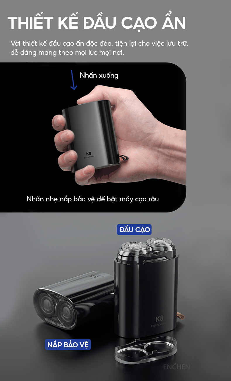 Máy cạo râu Enchen K8 - Đầu cạo 2D chống nước, 18 lưỡi dao tự mài - Hàng chính hãng