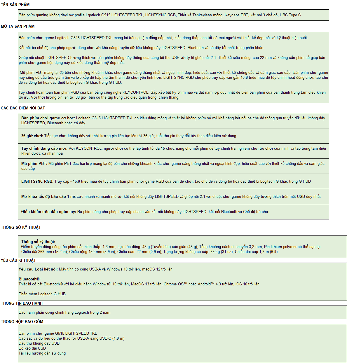 Bàn Phím Gaming Không Dây Logitech G515 LightSpeed TKL - Hàng Chính Hãng