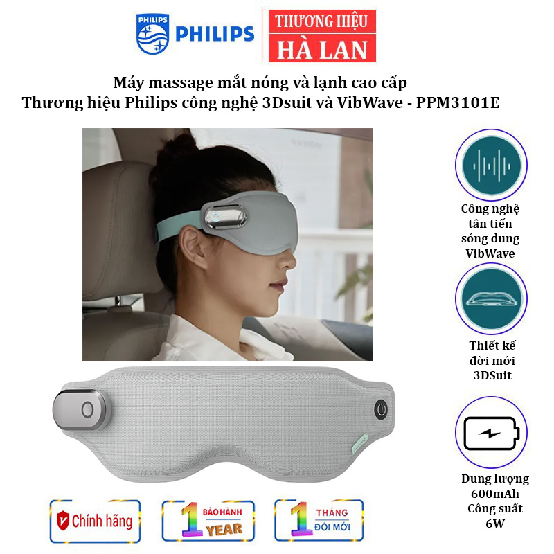 Máy massage mắt nóng và lạnh công nghệ 3Dsuit và VibWave. Thương hiệu Philips Hà Lan cao cấp PPM3101E - Dung lượng pin: 600mAh - HÀNG NHẬP KHẨU