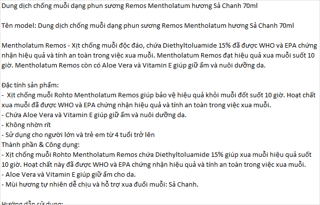 Dung dịch chống muỗi dạng phun sương Remos Mentholatum hương Sả Chanh 70ml