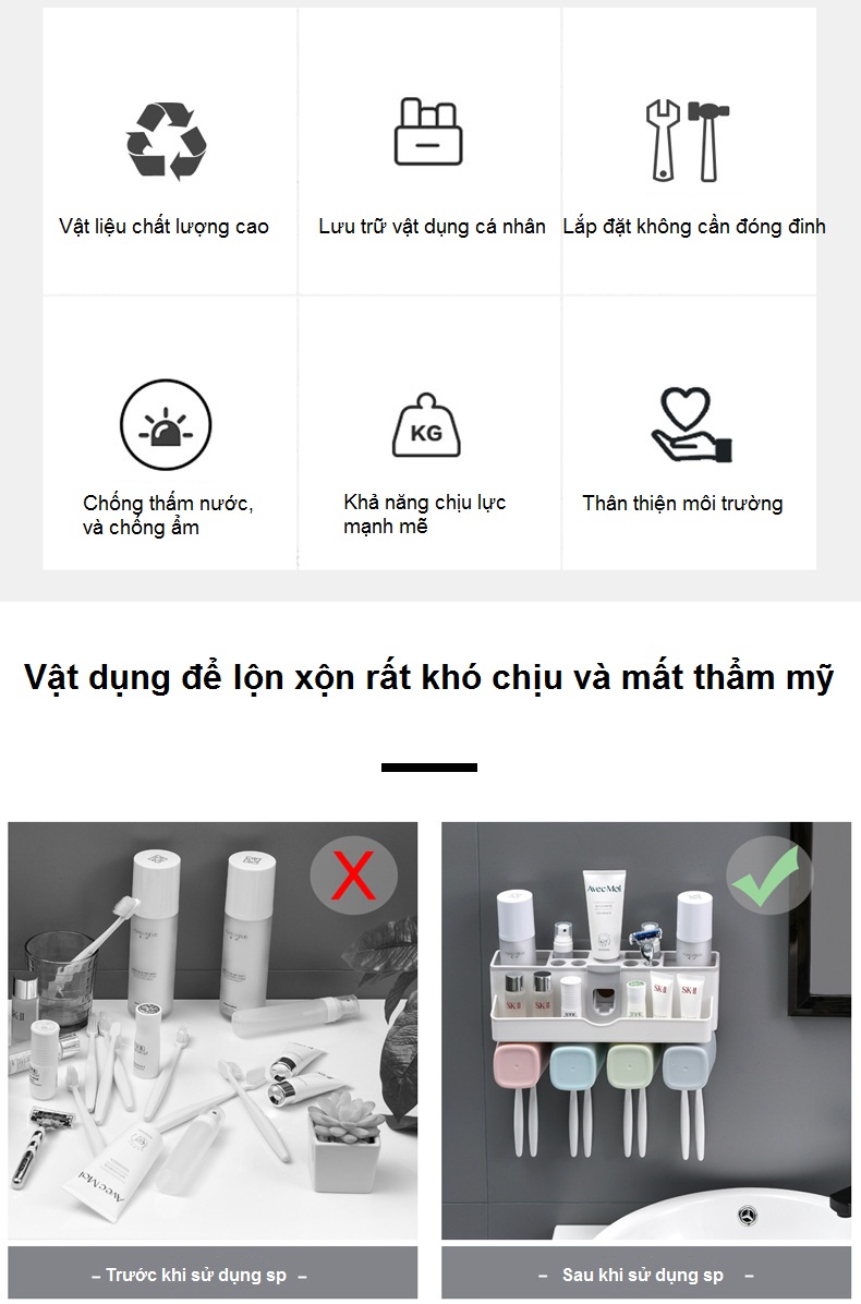 Giá Treo Bàn Chải Đánh Răng, Lấy Kem Đánh Răng Tự Động, Lưu Trữ Vật Dụng Ngăn Nắp - Tặng Kèm 4 Cốc Và Miếng Dán Tường - Chính Hãng