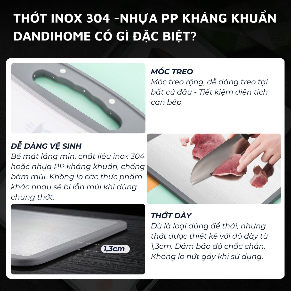 Thớt inox 304 và nhựa kháng khuẩn DandiHome cao cấp hai mặt 