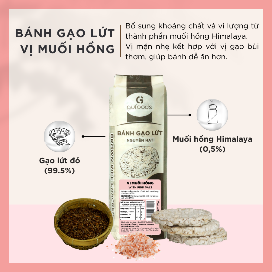 Bánh gạo lứt GUfoods (170g) - Không chiên dầu, Không đường, Từ gạo và ngũ cốc nguyên hạt, Lành mạnh, Phù hợp Eat clean, Ăn vặt healthy, Thực dưỡng, Tập gym, Thuần chay, Đa dạng hương vị