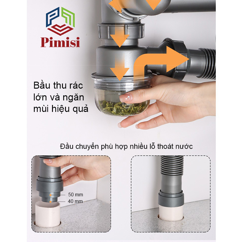 Bộ Xi Phông Xả Thải Bồn Rửa Chén Bát 2 Hố Phi 110-140 Pimisi Cao Cấp - Loại Ống Thải Nhựa Cứng Không Đọng Nước - Cốc Inox 304, Lọc Rác, Bầu Chống Mùi Hôi Và Giảm Dầu Mỡ Ống Dẫn - Có Thoát Tràn | Hàng Chính Hãng