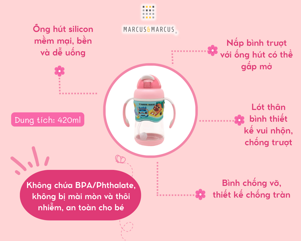 Bình uống nước có ống hút cho bé Tritan 2-Stage Marcus & Marcus, từ 12 tháng - Hồng