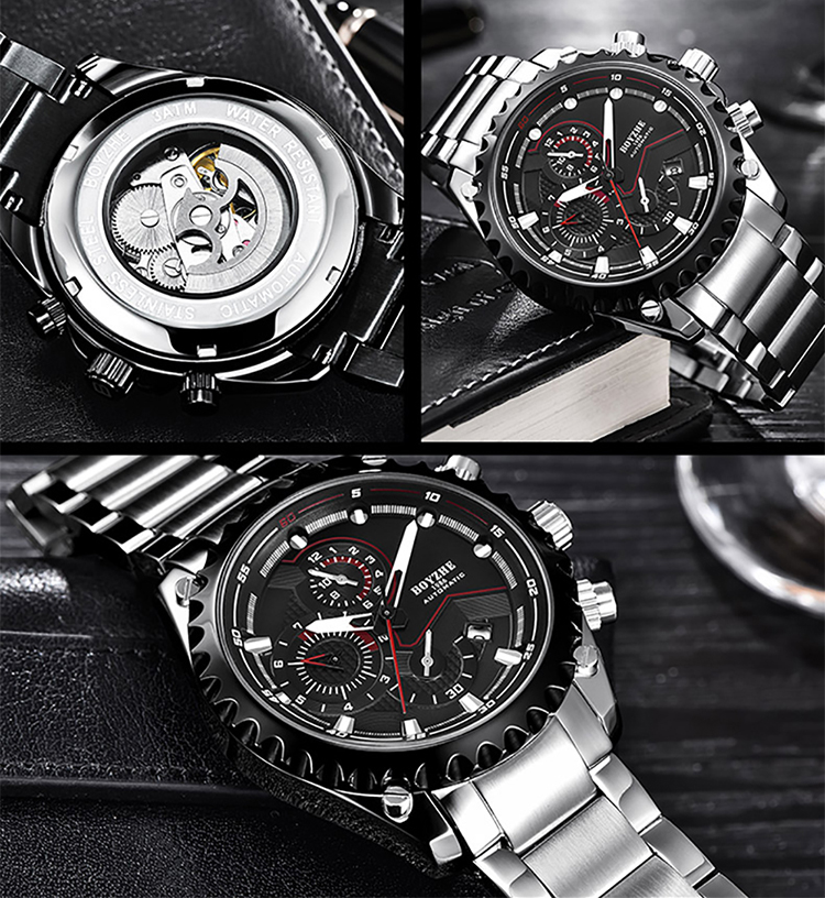 BOYZHE WL022-G Watch Brand Luminous Waterproof Business Full-automatic Mechanical Men Stainless Steel Wrist Watch with - sliver