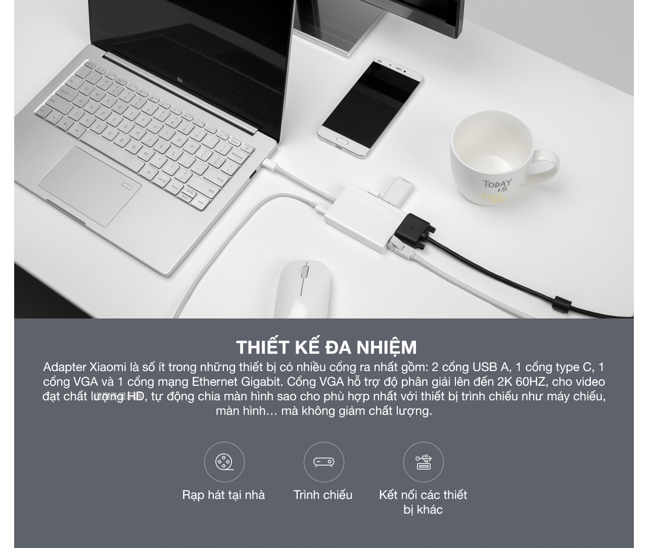 Bộ Chuyển Đổi Xiaomi USB-C To VGA And Gigabit Ethernet JGQ4005TY - Hàng Chính Hãng