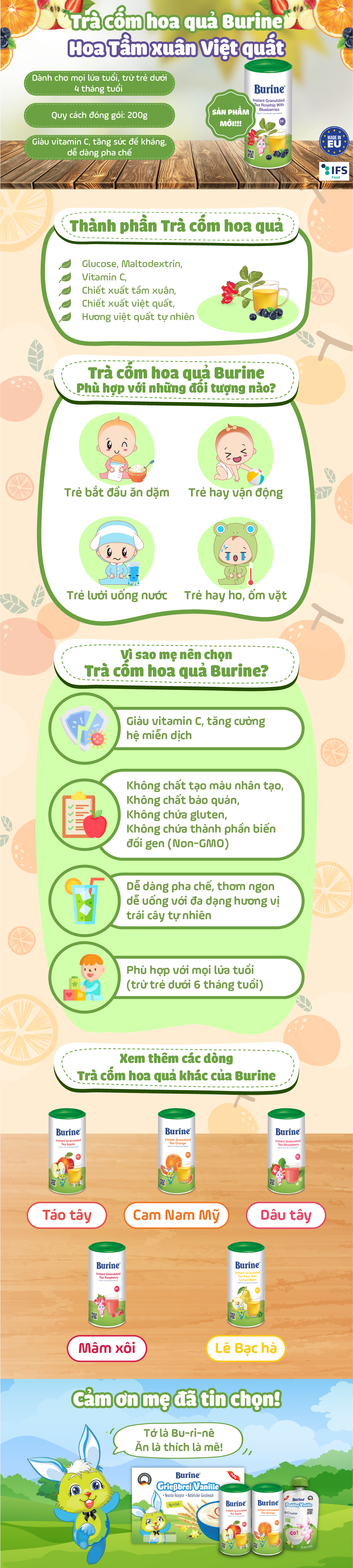Trà cốm hoa quả Burine (HiPP) dinh dưỡng dành cho bé - hoa Tầm Xuân Việt Quất giúp hỗ trợ xương chắc khoẻ, thanh lọc cơ thể (Không dành cho trẻ dưới 4 tháng tuổi)