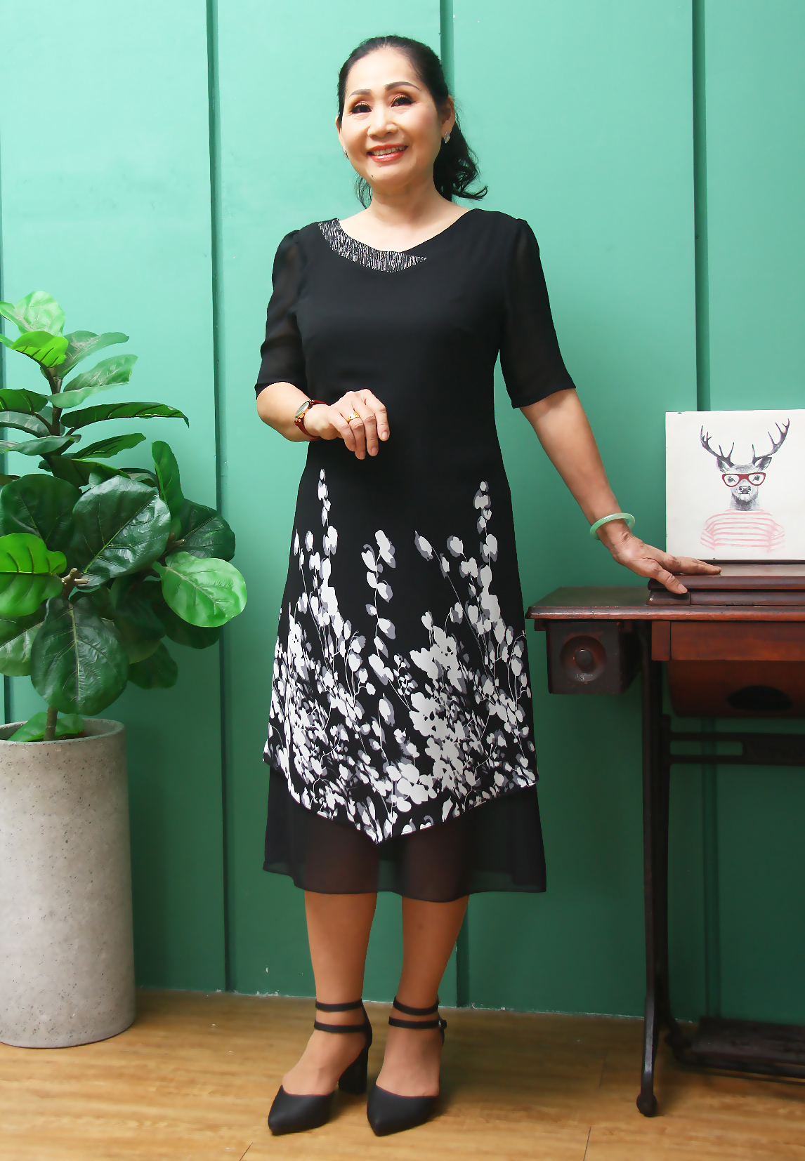 Đầm trung niên bigsize - Đầm suông voan hoa cổ tim TIFALU705