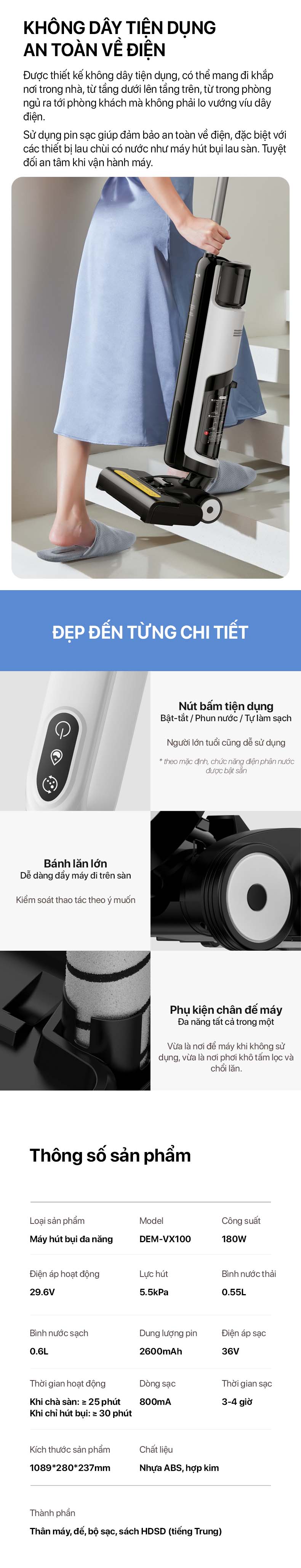 Máy hút bụi lau sàn không dây đa năng Deerma VX100