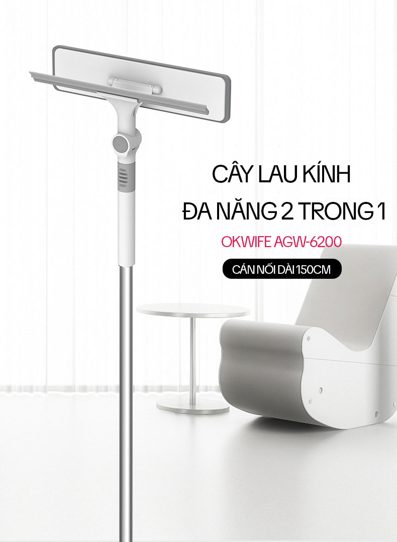Cây Lau Kính Thông Minh OKwife AGW-6200, Chổi Gạt Kính Lau Kính Đa Năng 2 Trong 1, Dụng Cụ Lau Kính Cán Dài