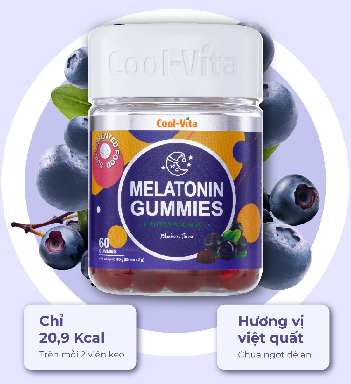 Kẹo Dẻo Melatonin Hỗ Trợ Giấc Ngủ Ngon Sleep Well Gummies & Hỗ Trợ Giảm Căng Thẳng Vị Việt Quất Kết Hợp Vitamin B6 Coolvita – (60 viên x 3g)/hộp