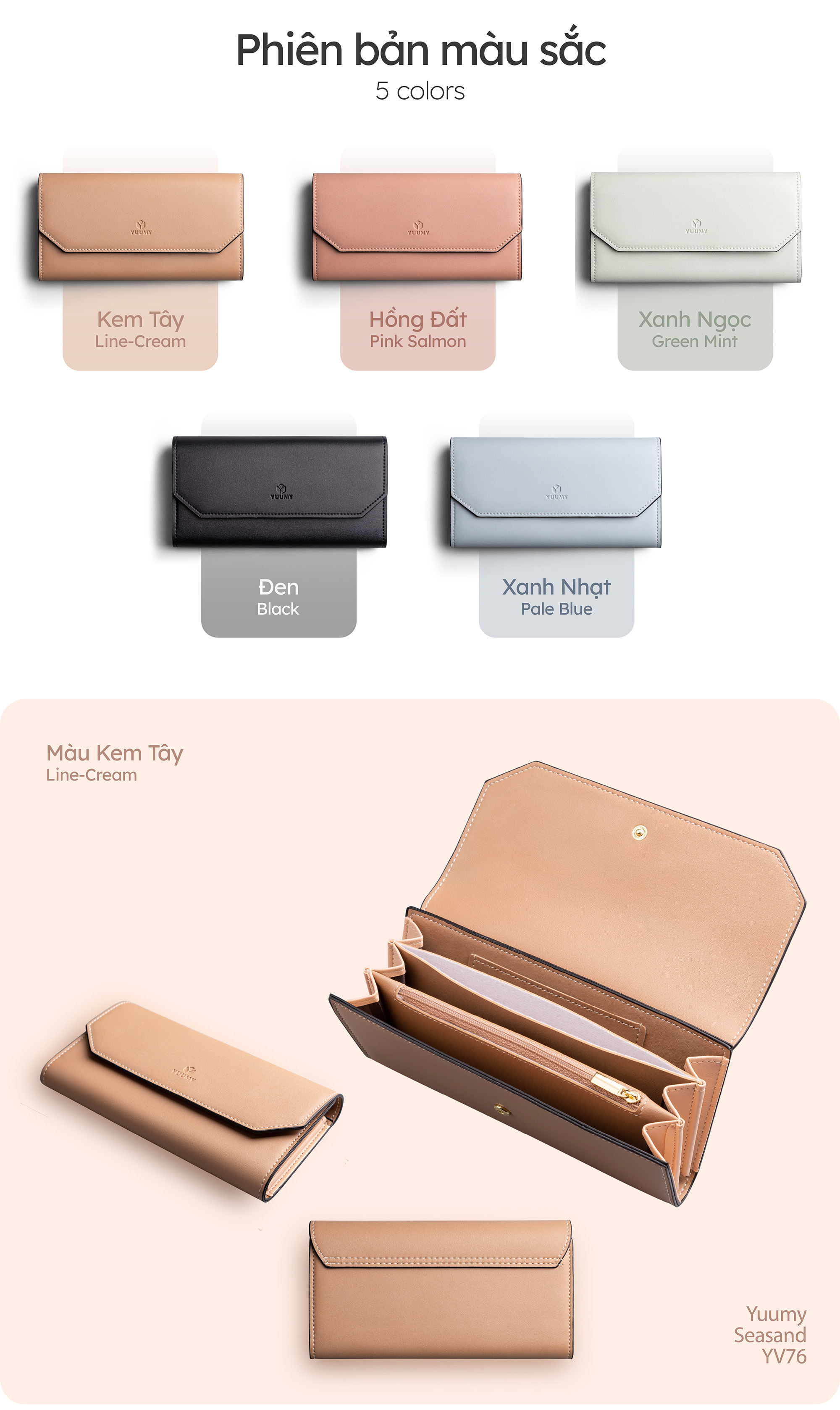 Ví Yuumy ( Thời trang nữ nắp gập kiểu cầm tay dáng dài - Ví da Seasand YV76 )