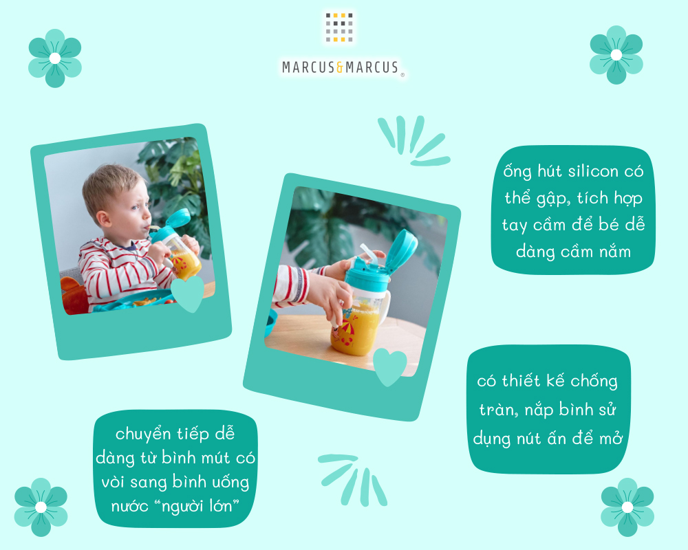 Bình uống nước có ống hút cho bé Tritan Marcus & Marcus, từ 12 tháng