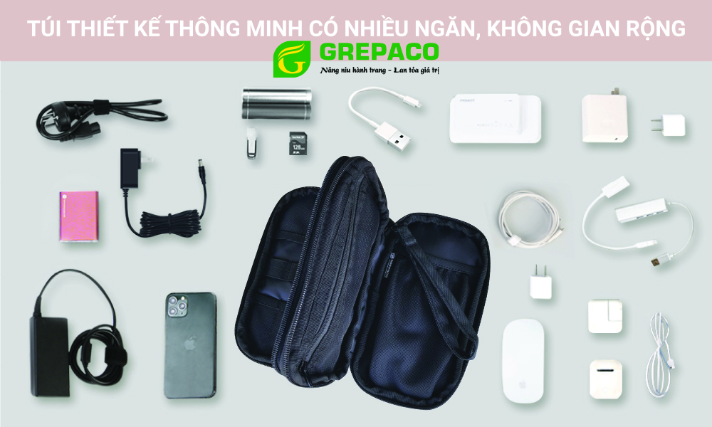 Túi Đựng Phụ Kiện Công Nghệ Grepaco, Pin Sạc Dự Phòng, Điện Thoại, Cáp Sạc USB, Tai Nghe Vải Bố Canvas, Nhiều Ngăn, Có Quai Cầm, Chống Nước, Khóa Kéo YKK Dành Cho Nam Nữ Đi Học, Làm, Du Lịch - Hàng Chính Hãng