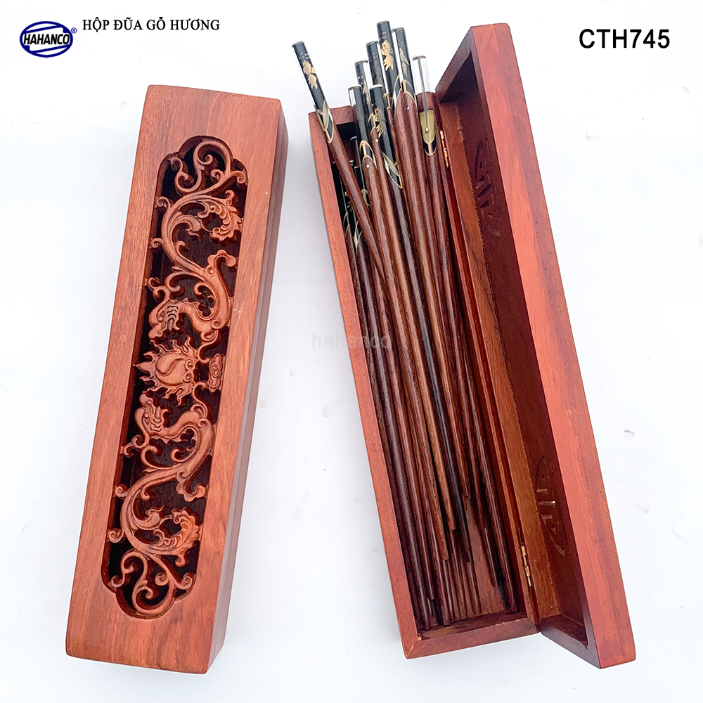 Hộp đựng đũa gỗ hương đỏ - đục khắc tinh tế (CTH745) Sang trọng - Đựng đũa sang trọng làm quà tặng