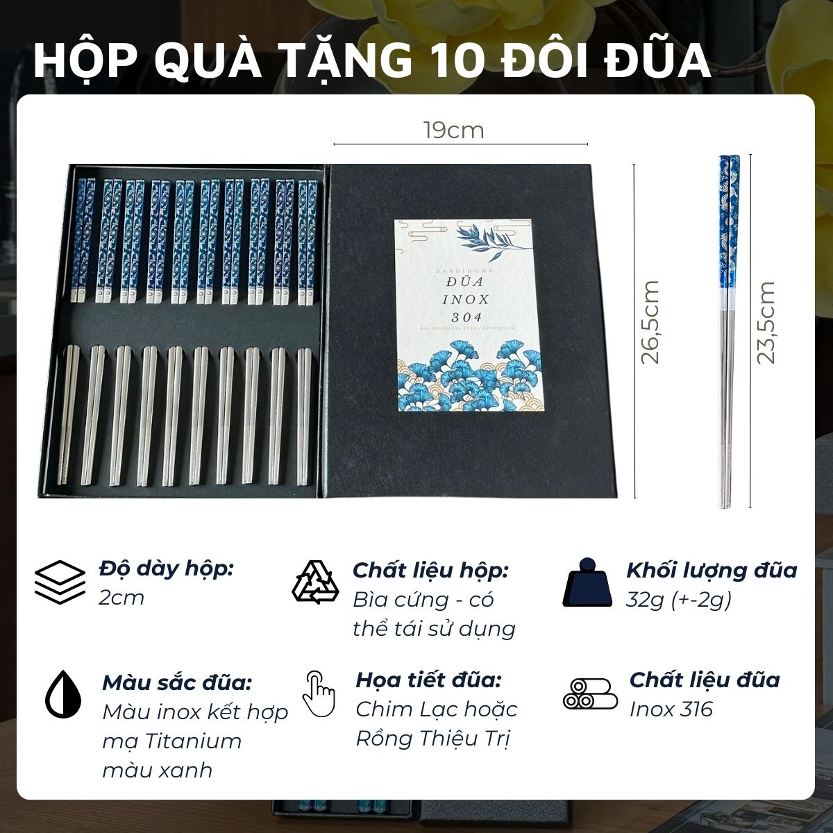 Hộp quà tặng đũa inox 316 DandiHome cao cấp mạ Titanium Plated