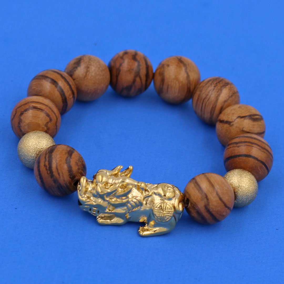 Chuỗi tay Gỗ Huỳnh Đàn 15 ly - Vòng tay Tỳ Hưu inox vàng VGHUDTHHBV15 - Vòng đeo tay size lớn, phù hợp cho nam