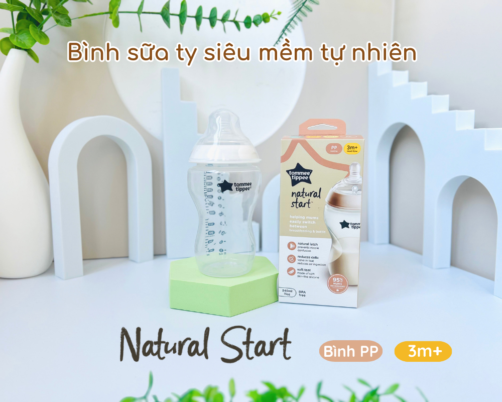Combo Bình Sữa Tommee Tippee Natural Start Ty Siêu Mềm Tự Nhiên 340ml & Núm Ty Silicon Thay Thế 6M+