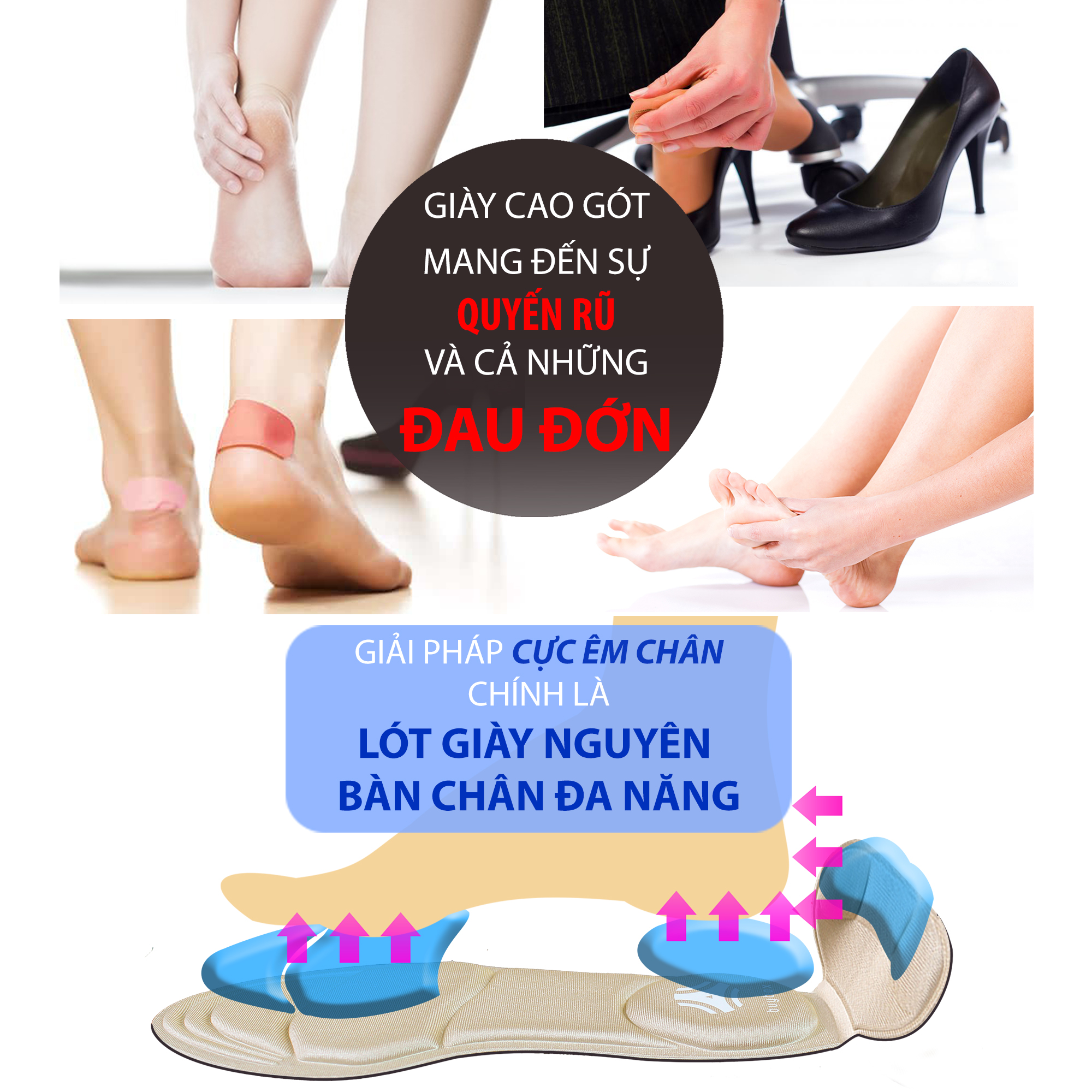 Combo 1 cặp lót giày nguyên bàn chân đa năng và 1 cặp lót giày bảo vệ gót chân 2 trong 1 buybox