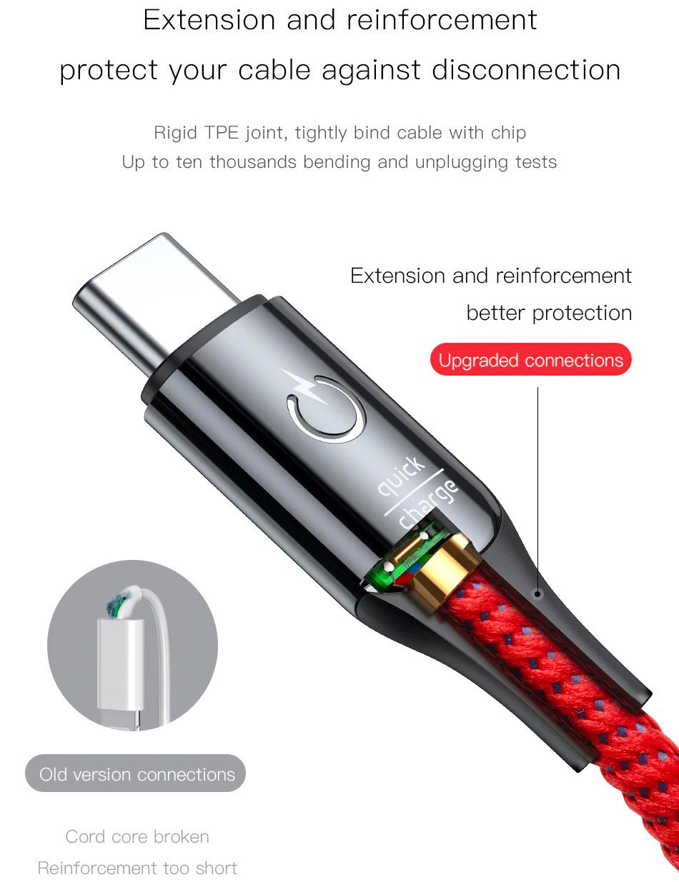 Cáp sạc Type C tự ngắt C Shape cho Androi (3A, Sạc nhanh QC 3.0, Sợi Carbon Siêu Bền, LED đổi màu thông minh) - Hàng Chính Hãng