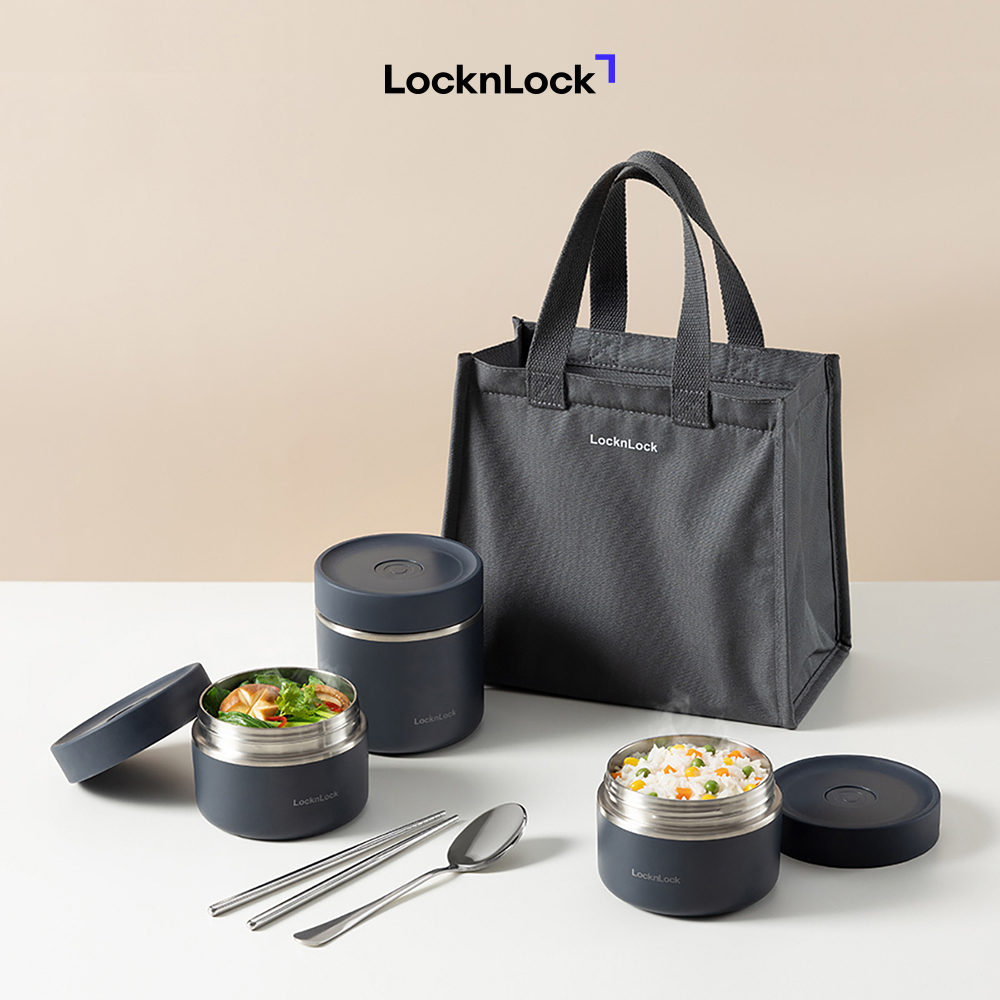 Bộ hộp cơm giữ nhiệt Pump vacuum lunch box LocknLock LHC8052S02N - 5pcs 3 hộp, 1 túi, 1 bộ muỗng đĩa - Màu navy