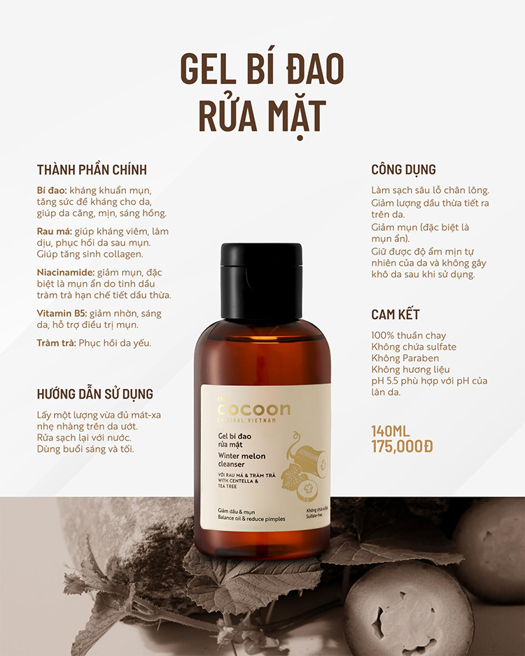 Combo chăm sóc da mụn chuyên sâu Cocoon : Gel bí đao rửa mặt Cocoon 140ml + Nước bí đao cân bằng da Cocoon 140ml +Tinh chất bí đao Cocoon 70ml + Dung dịch chấm mụn bí đao Cocoon 5ml + Mặt nạ bí đao 30ml