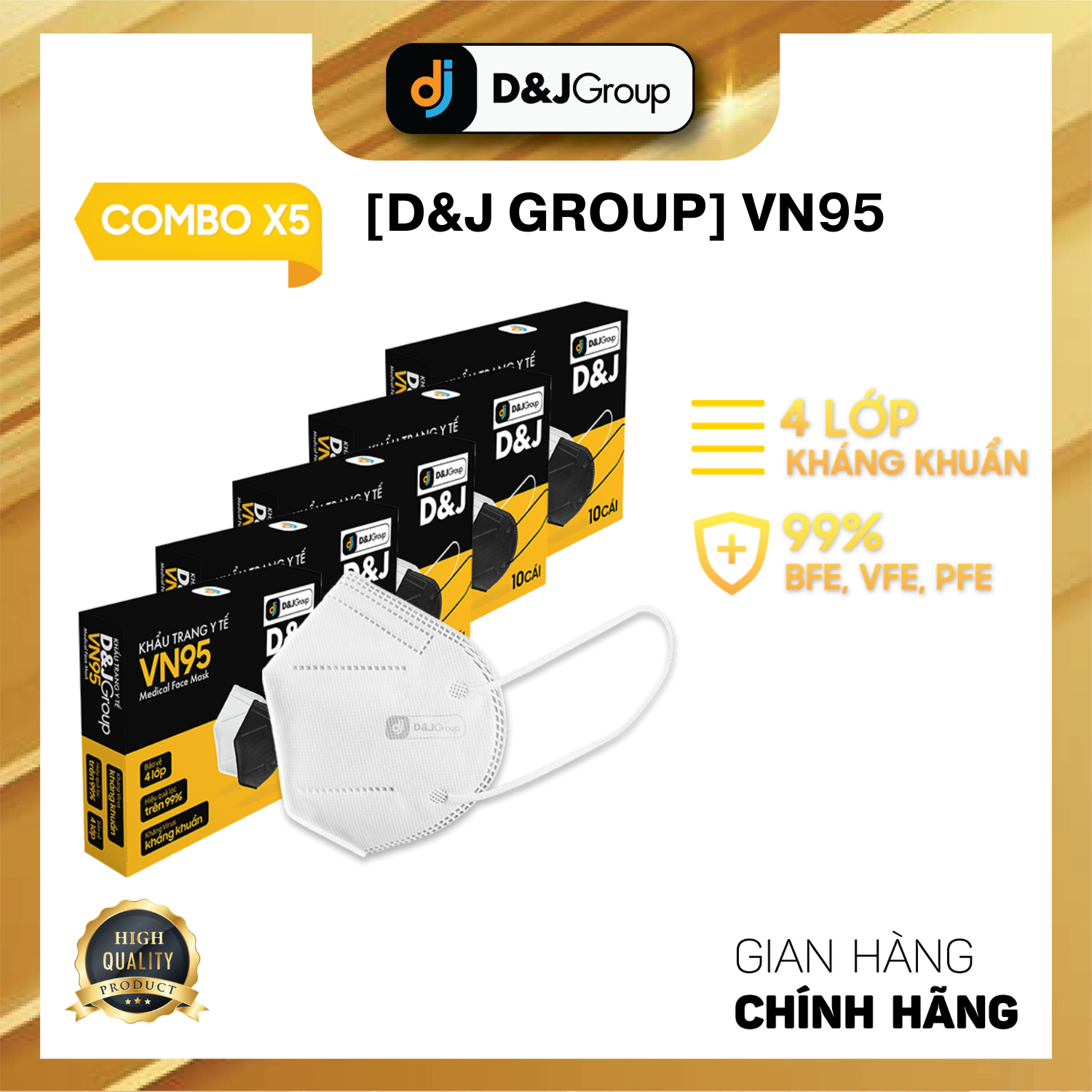 [combo 5 hộp - vn95 4 lớp d& j] khẩu trang y tế 4 lớp n95 kháng khuẩn đạt chuẩn cao cấp (10 cái hộp) 1