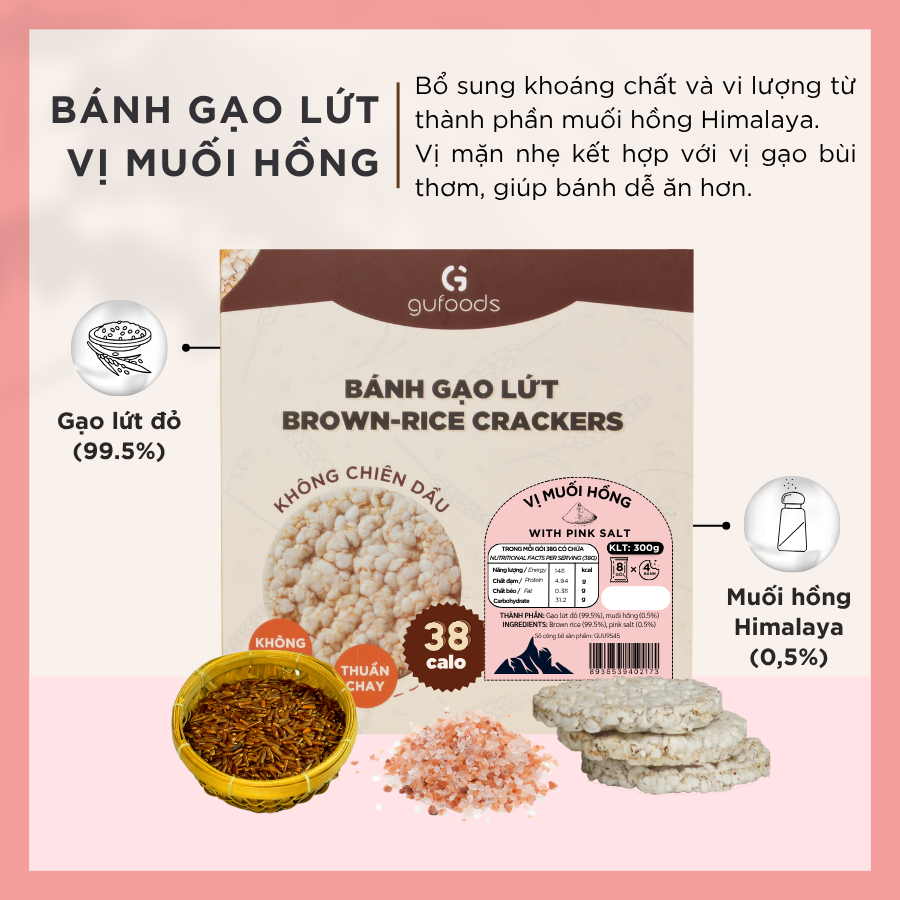 Bánh gạo lứt GUfoods (300g) - Không chiên dầu, Không đường, Từ gạo và ngũ cốc nguyên hạt, Lành mạnh, Phù hợp Eat clean, Ăn vặt healthy, Thực dưỡng, Tập gym, Thuần chay, Đa dạng hương vị