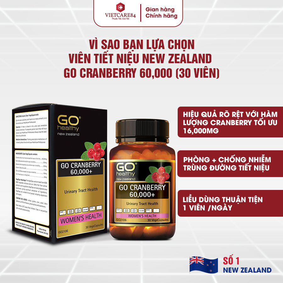 Viên uống viêm đường tiết niệu nhập khẩu chính hãng New Zealand GO CRANBERRY 60000+ (30 viên) hỗ trợ điều trị viêm đường tiết niệu, viêm phụ khoa, giảm tiểu buốt, tiểu dắt, tiểu đêm, khó đi tiểu