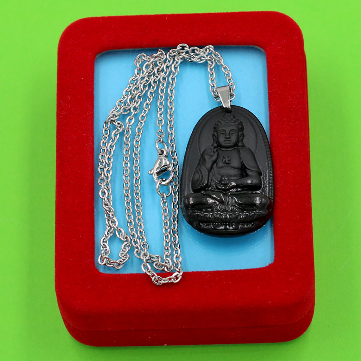 Vòng cổ mặt Phật A Di Đà - thạch anh đen 3.6cm DITTEB7 - dây inox bạc - kèm hộp nhung - tuổi Tuất, Hợi