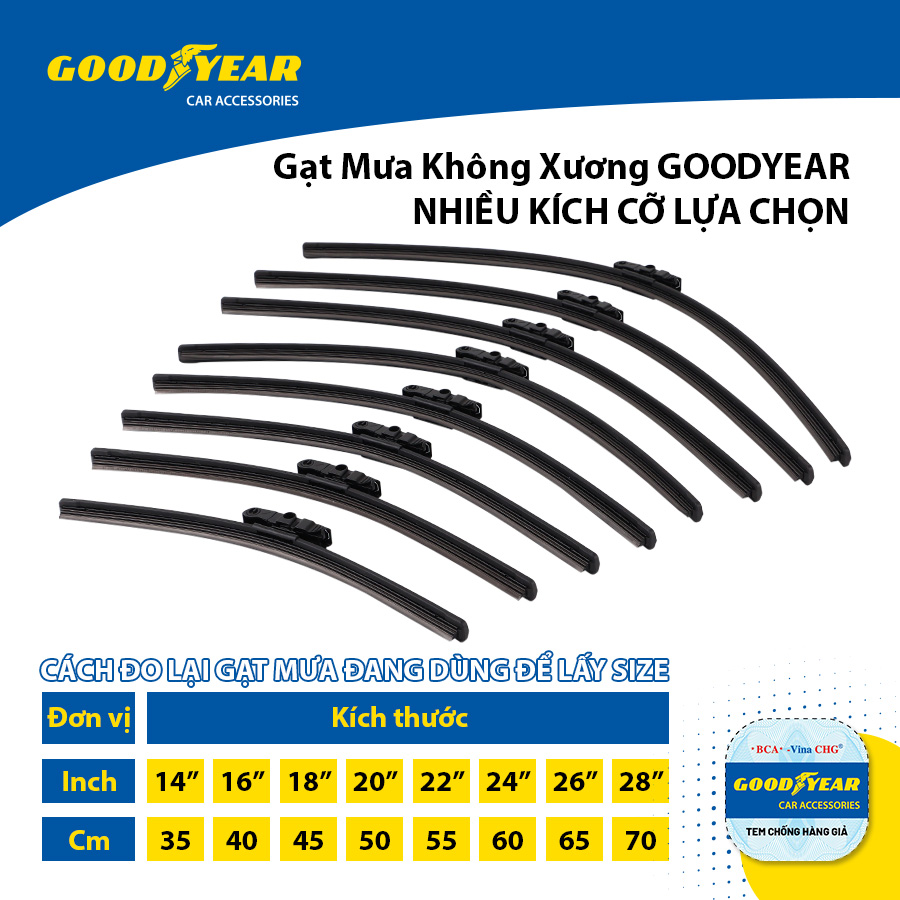 Gạt Mưa Không Xương GOODYEAR Chân Cài Đa Năng (Đầu A, B) Lắp Được Nhiều Dòng Xe Đặc Biệt - Nhập Khẩu Chính Hãng